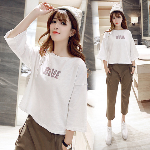春秋韩版宽松休闲百搭短款学生七分中袖t恤女短袖体桖衫上衣服夏