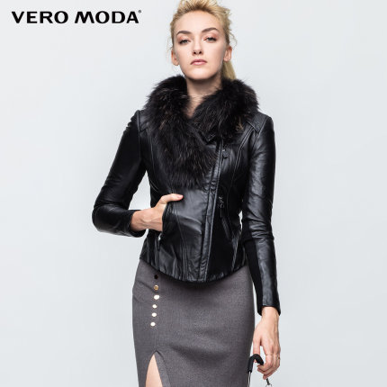 永久下架vero moda绵羊皮貉子毛领斜修身皮衣314428043