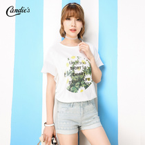 拉夏贝尔2015夏新款 个性植物字母印花荷叶边短袖T恤 女30005723
