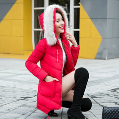 2016冬新款韩版带毛领连帽保暖羽绒棉服女中长款修身棉衣女