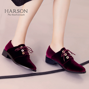 prada哪裡的牌子 哈森女鞋2020新款絨面系帶正品牌子名牌酒紅黑色方跟中跟深口單鞋 prada