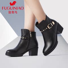 Rich bird 2015 fall/winter new Jurchen leather and velvet high heels short boots women's boots thick with Martin boots, biker boots women