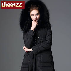 高端定制品牌UKKNZZ 秋冬女装欧美纯色毛领连帽中长款羽绒服外套