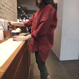 k404韩国女装2024宽松加厚纯棉磨毛前短后长设计感长袖春秋女衬衫