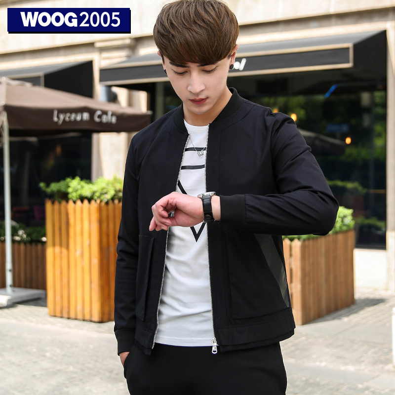 WOOG2005男士棒球领夹克2017春季新款韩版修身潮青年黑色薄款外套产品展示图1