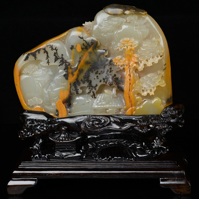 收藏级纯天然黄龙玉水草山水摆件