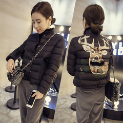 2016冬装新款韩版鹿头卡通印花短款棉服女单排扣修身短款加厚棉衣