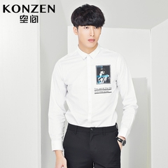 KONZEN空间秋季新品长袖衬衫男青年韩版修身显瘦人像印花衬衣潮