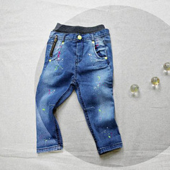 2015春季新款韩国童装儿童双腰油漆点涂鸦松紧腰牛仔裤