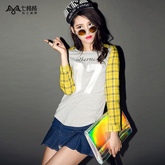 Plaid mosaic spring seven space space OTHERMIX2015 new digital printing long sleeve crew neck t shirt women