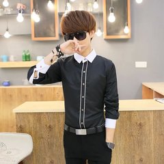 秋季青少年韩版男士长袖格子修身衬衫男装休闲免烫衬衣学生寸衫潮