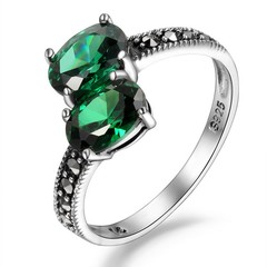 925泰银复古合成绿水晶戒指时尚欧美单戒女士指环情人节礼物包邮