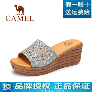 dior品牌代言 美國 Camel駱駝 正品牌真皮2020新款女鞋水鉆防水臺厚底涼拖鞋 dior的品牌代言