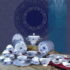碗碟套装中式56头骨瓷青花餐具景德镇瓷器高脚碗仿古釉中彩送面碗