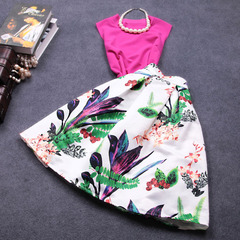 European and American literary style summer 2015 new Womenswear fashion printing quality two-piece suit skirt dress