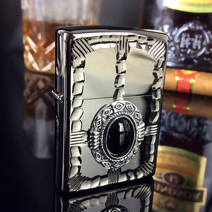 原装正版zippo芝宝防风煤油打火机镜面雕刻镀银贴章黑宝石绿松石