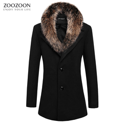 ZOOZOON男士呢大衣韩版修身中长款 毛领妮子大衣 秋冬装毛呢外套