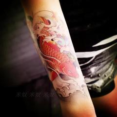 米奴手绘彩色纹身贴纸 鲤鱼莲花传统刺青男女 花臂 防水纹身贴