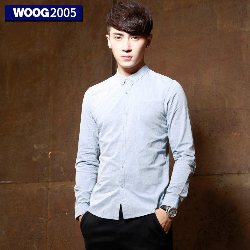 WOOG2005韩版男装2016秋装 男士蓝色长袖衬衫修身潮时尚衬衣产品展示图1