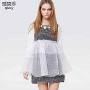 Linda 2015 spring new Qing bi ladies seersucker mosaic Jacquard cropped-sleeve dresses, high-waisted sweet specials