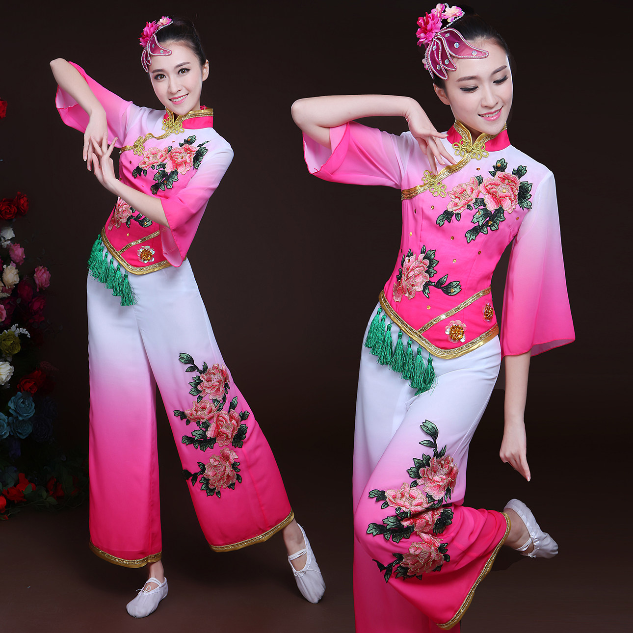 2017新款秧歌扇子舞伞舞舞蹈演出民族舞台服装广场舞中老年套装女