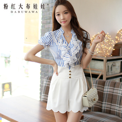 Female shirt short sleeve pink doll commuter OL 2015 summer Lady Lotus edge stripes blouses