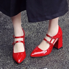 早春夏新款韩版时尚真皮粗跟高跟鞋单鞋女尖头侧空包头红色婚鞋