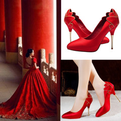 细跟绸缎防水台婚鞋红色高跟鞋小码尖头单鞋新娘鞋旗袍鞋32码女鞋