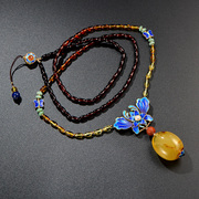 Thai natural amber necklace 925 Silver cloisonne Butterfly silver temperament girls long necklace