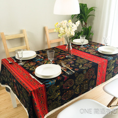 特色民族风桌布布艺酒吧咖啡厅耐脏餐桌布茶几桌布棉麻桌布带花边