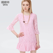 Linda spring 2015 new Qing bi ladies Korean t flounce cropped sleeve slim a-lace dresses