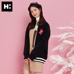 H:CONNECT韩版时尚女装撞色条纹针织衫立领毛衣外套2016冬季新款