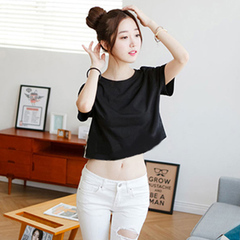 韩国夏季纯色宽松短款t恤女糖果色学生简约圆领短袖露脐外穿上衣