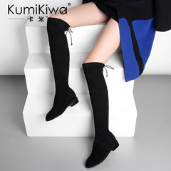 KumiKiwa2016新款冬季长靴过膝靴时尚弹力布圆头平底弹力靴子女