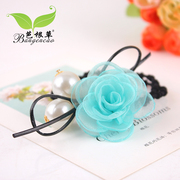 Bagen grass hair accessories handmade fabric flower Pearl rose fabric circle flower hair rope string band