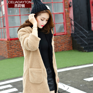celiadayton旗舰店加肥大码女装2015秋冬装新款连帽宽松加厚羊羔毛绒外套胖mm棉衣女