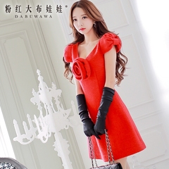 2015 summer dress big pink doll new red inlay solid flower slim wool dress