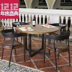 美式复古实木餐桌椅大圆桌组合餐厅饭桌椅铁艺餐桌椅咖啡厅圆桌