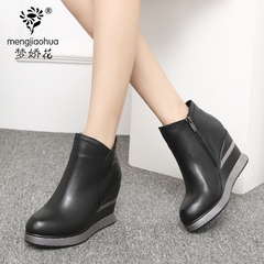 韩版超高跟坡跟真皮踝靴女防水台圆头女鞋马丁靴冬季新款加绒靴子