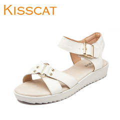 KISSCAT cat genuine metal buckle wedges Sandals comfortable kissing girls shoes ladies low heel leather sandal