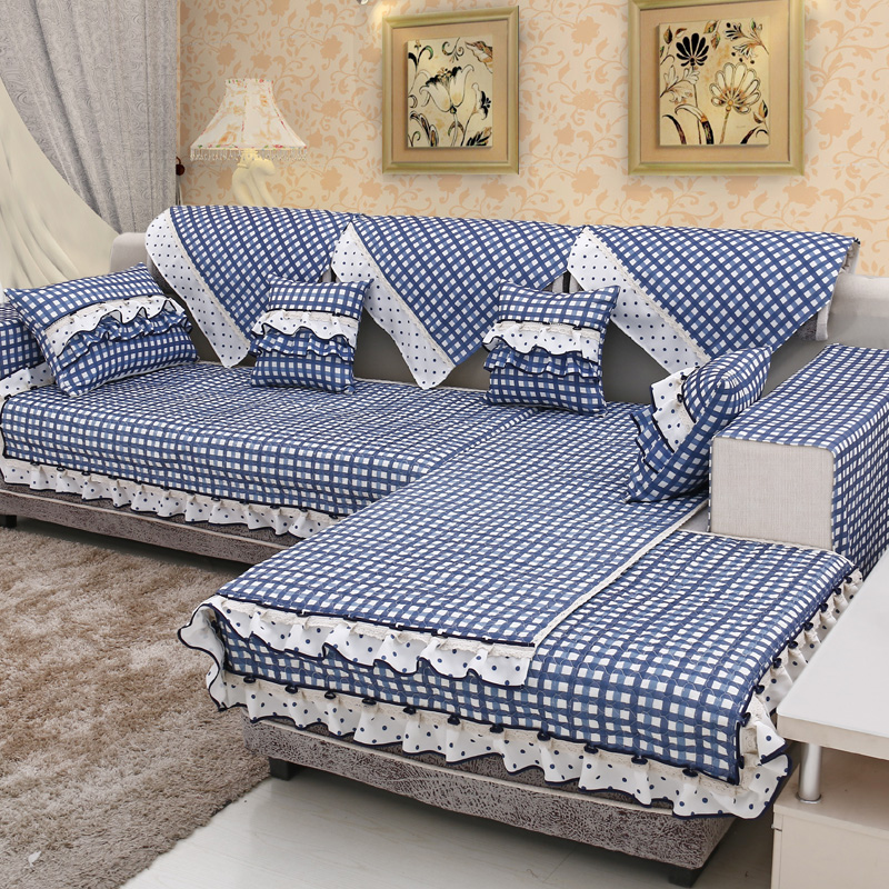 蓝色格子田园绗缝布艺 组合沙发垫防滑沙发套坐垫靠垫套抱枕套产品展示图5