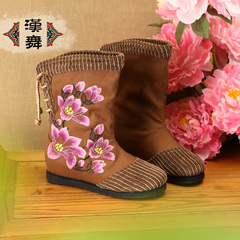 Chinese dance clearance specials female boots national wind layer bottom embroidered strap high boot women's jade margin