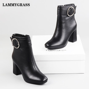 chanel馬丁女皮鞋 LAMMYGRASS2020秋冬新款皮鞋粗跟短靴加絨高跟方頭馬丁靴牛皮女靴 皮鞋