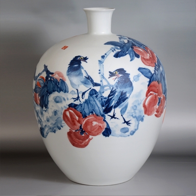 景德镇陶瓷艺术家张天明《鸟鸣高枝好柿多》45*36cm瓷瓶
