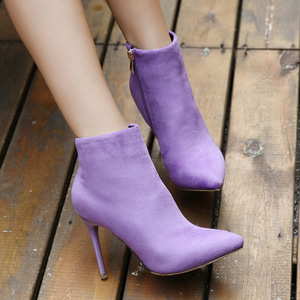 邦媛仕秋冬磨砂皮性感高跟鞋尖头拉链绒皮裸靴珍珠紫色时尚女短靴