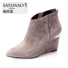 桑席猫 2015新款短靴 韩版磨砂坡跟高跟女靴子时尚高跟靴子