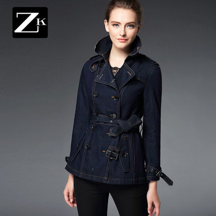 zk西装领双排扣牛仔风衣英伦收腰显瘦长袖外套女装2016春秋装新款