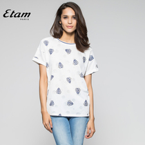 艾格ETAM2015夏U钻石印花圆领落肩袖T恤15012819986吊牌价199元