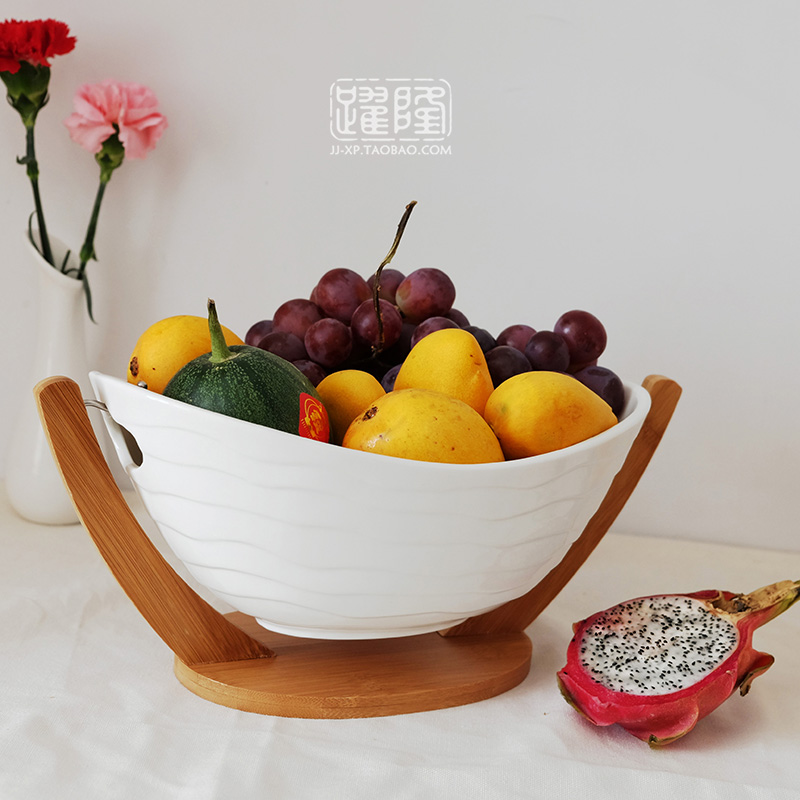 跃隆创意陶瓷水果篮家用客厅零食果盘简约水波纹水果果盘竹木底座