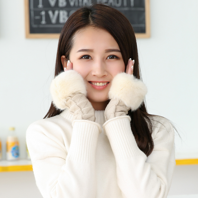 韩版针织毛线手套女秋冬季加厚保暖露指套韩国学生可爱半指手臂套产品展示图3